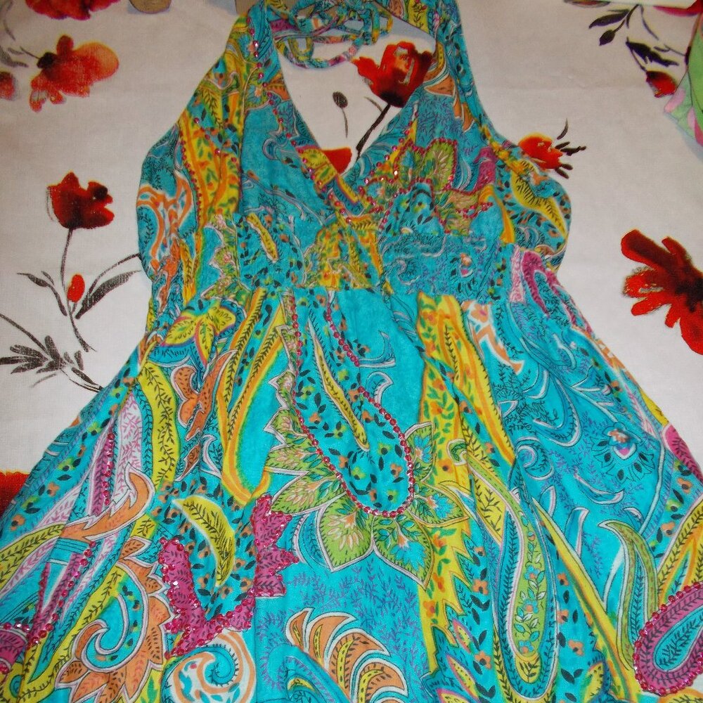 Bright Turquoise Jackpot summer halter dress in L/XL